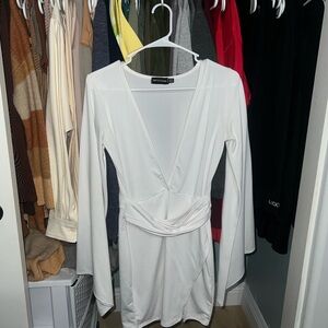 PrettyLittleThing Mini White Low V Dress - Bell Sleeves - Good Condition